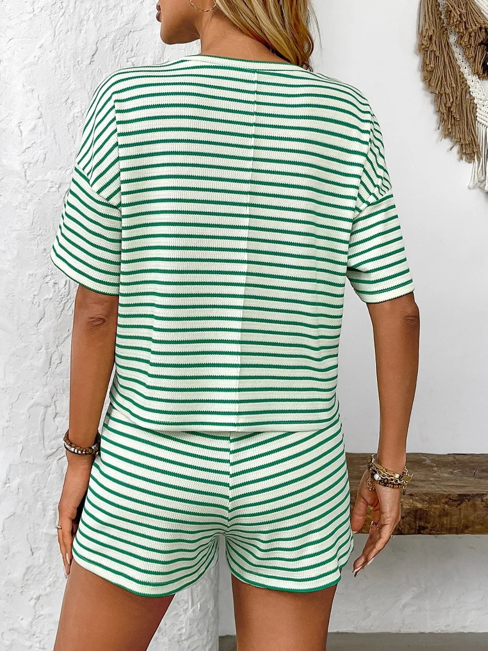 Naomy - Striped Round Neck Short Sleeve Top and Shorts Set