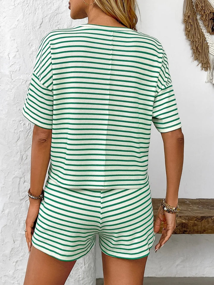 Naomy - Striped Round Neck Short Sleeve Top and Shorts Set