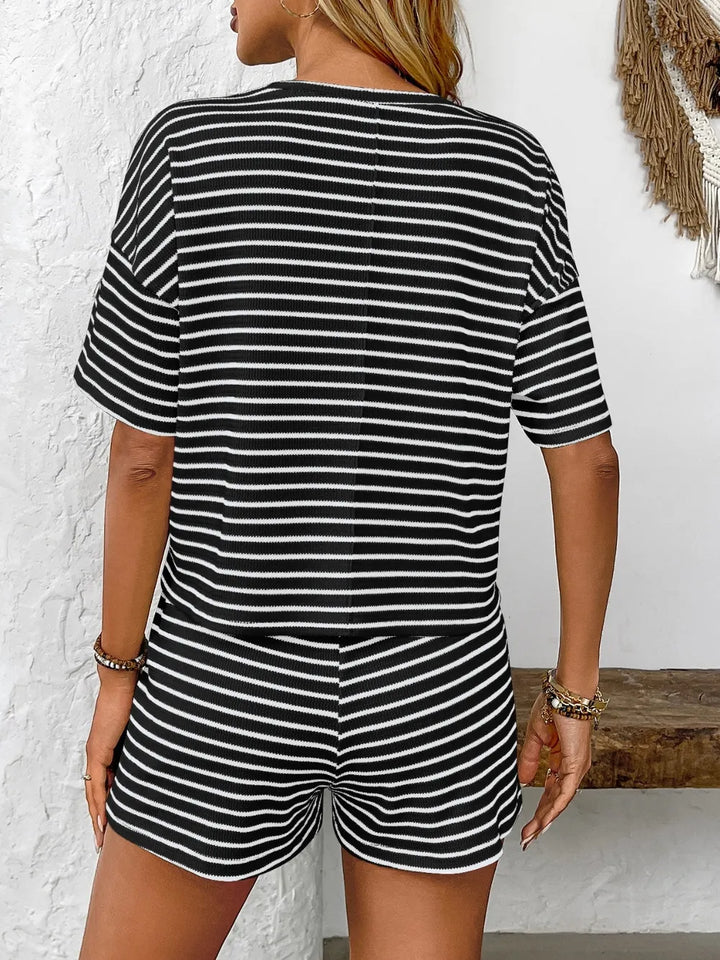 Naomy - Striped Round Neck Short Sleeve Top and Shorts Set