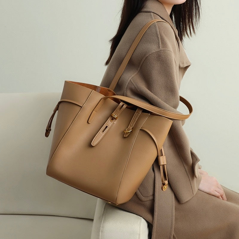 Genuine Leather Vintage Lock Buckle Tote Bag