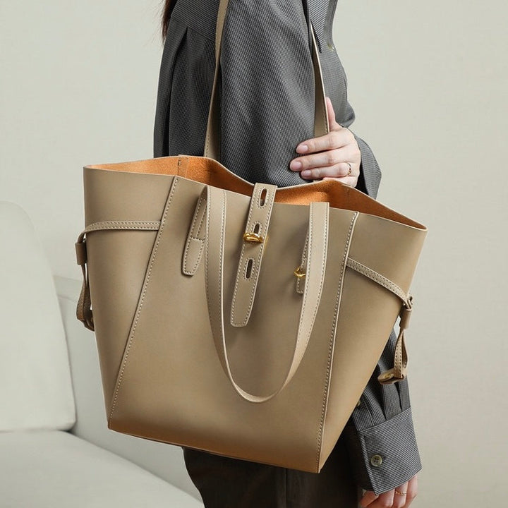 Genuine Leather Vintage Lock Buckle Tote Bag
