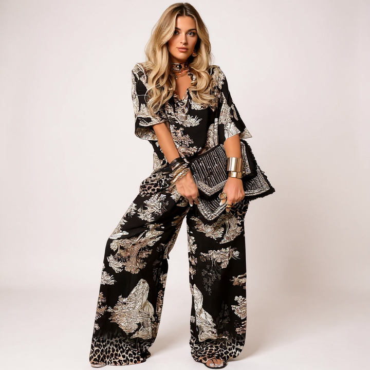 Mary | Printed V-Neck Top & Long Pants
