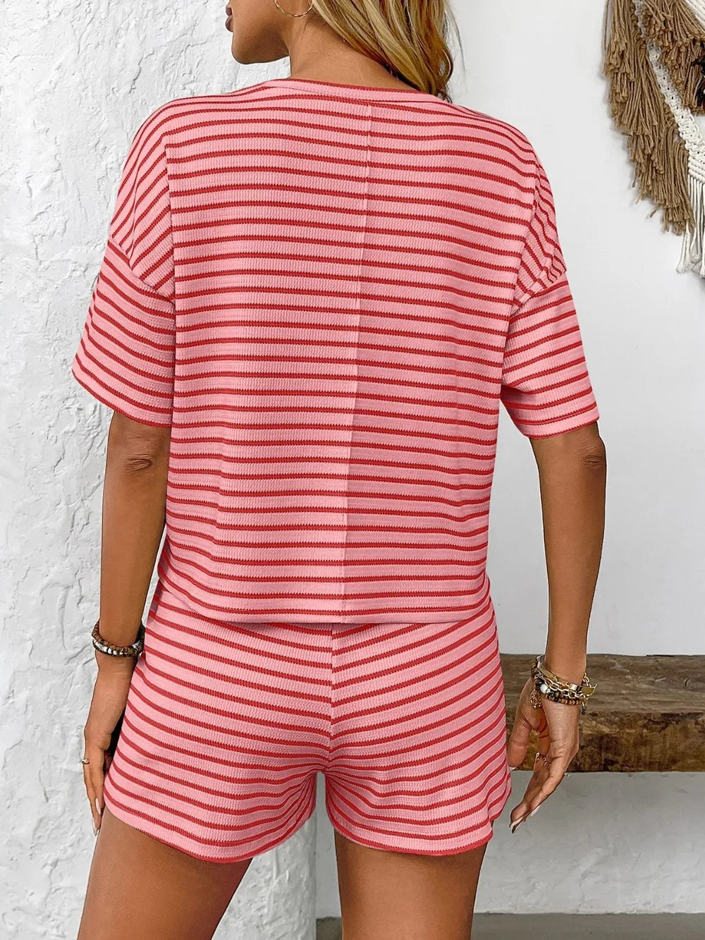 Naomy - Striped Round Neck Short Sleeve Top and Shorts Set