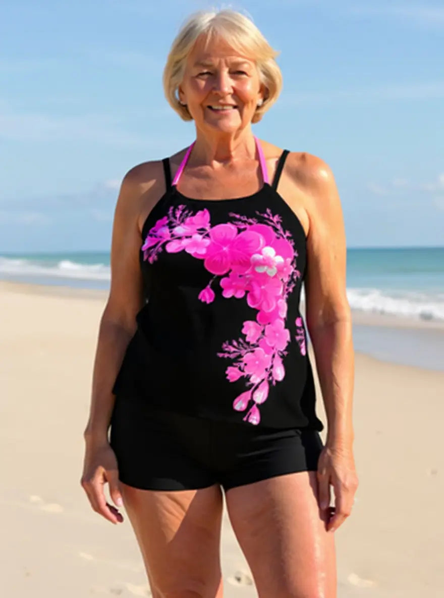 Avery | Floral Print Cross Strap Halter Tankini Set